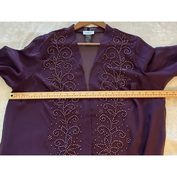 Catherine's 20W Petite Size Beaded Sheer Chiffon Kimono Cardigan Plum Open Front - Picture 8 of 9